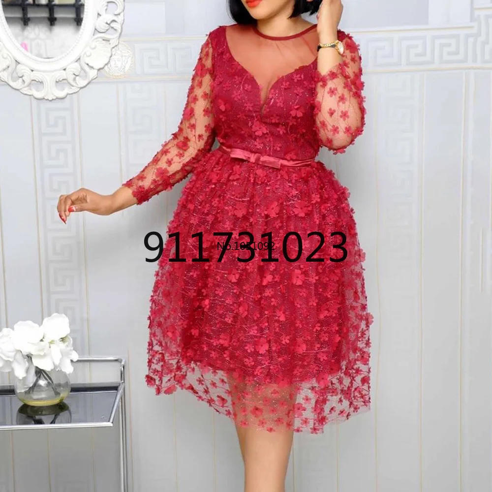 African Women Clothing Shiny Red A Line High Waist Belted Sexy Mesh Patchwork Ladies Party Wedding Evening Vintage Midi Dress