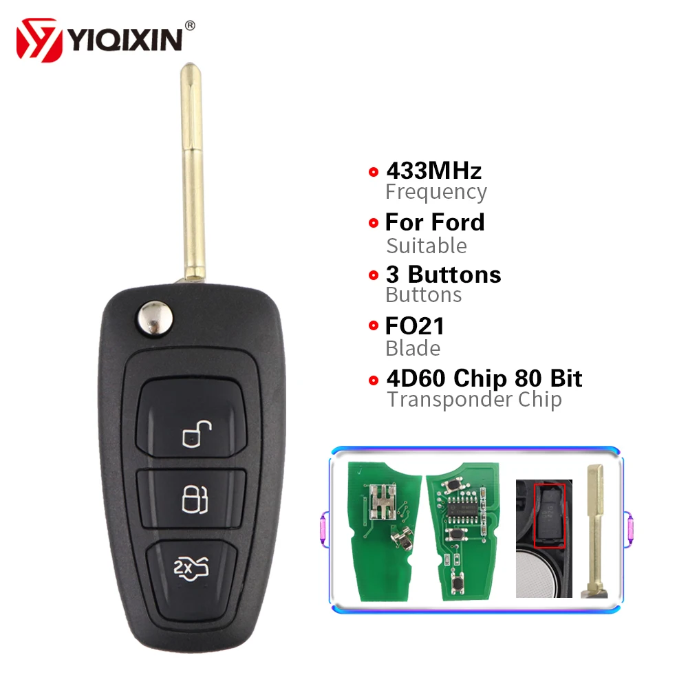 

YIQIXIN 3 Button 433Mhz 4D60 Chip Smart Remote Car Key Flip For Ford Mondeo Transit Connect Focus 2 Mk1Fiesta 2013 FO21 Blade