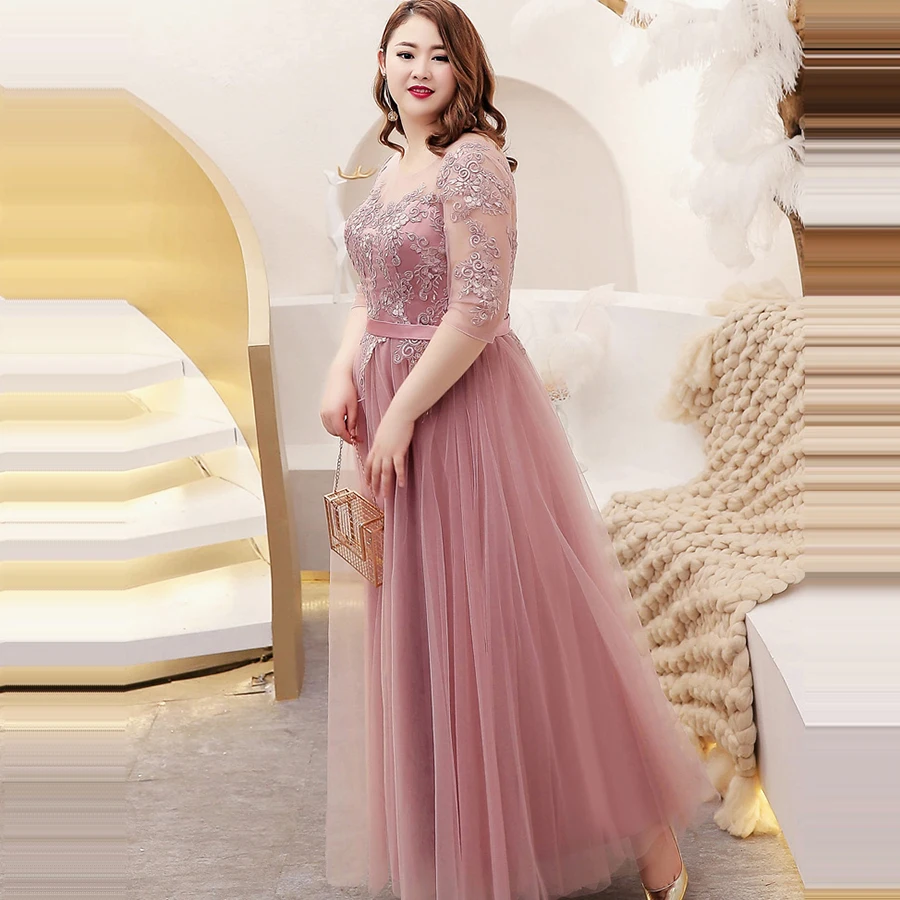 Evening Dresses Bean paste O-neck Floor Length  Robe De Soiree Short Sleeve Women Party Dresses 2019 Plus Size Formal Gowns T086