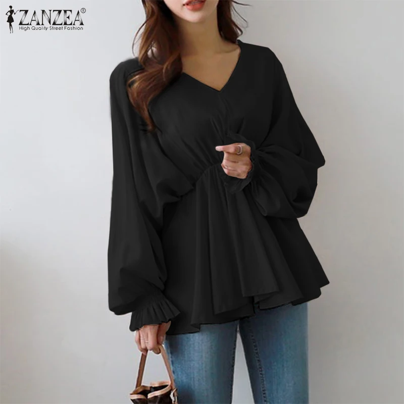 ZANZEA 2023 Stylish Puff Sleeve Tops Women\'s High Waist Blouses Casual V Neck Ruffle Blusas Female Solid Tunic