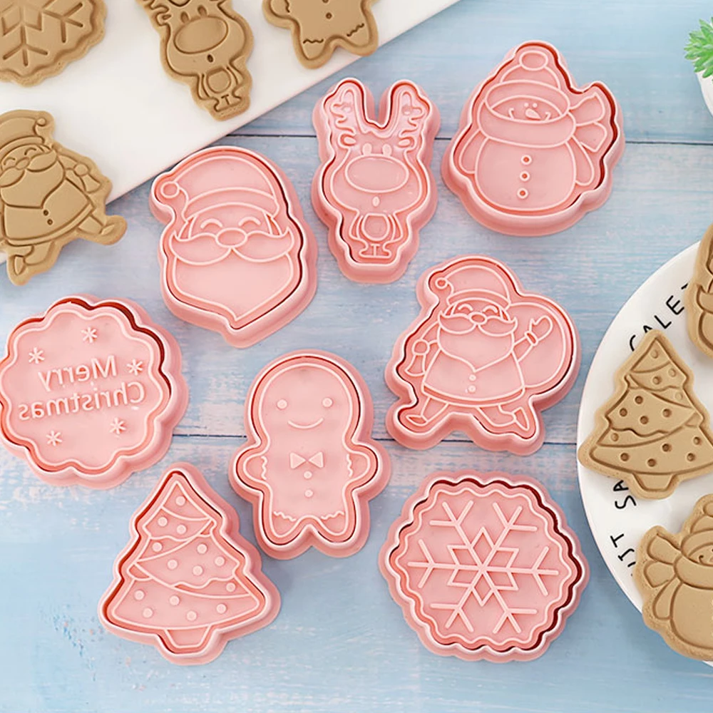 8Pcs/Set Christmas Mold Santa Claus Elk Snowflake Snowman Gingerbread Man Pattern Mold Biscuit Mold Cookie Cutter Sugarcraft