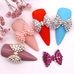 10pcs/bag Charm 3D Metal Manicure Nail Art Decoration Golden Silver Bow Tie Bowknot Inlaid Rhinestone Pearl DIY Nail Accessories