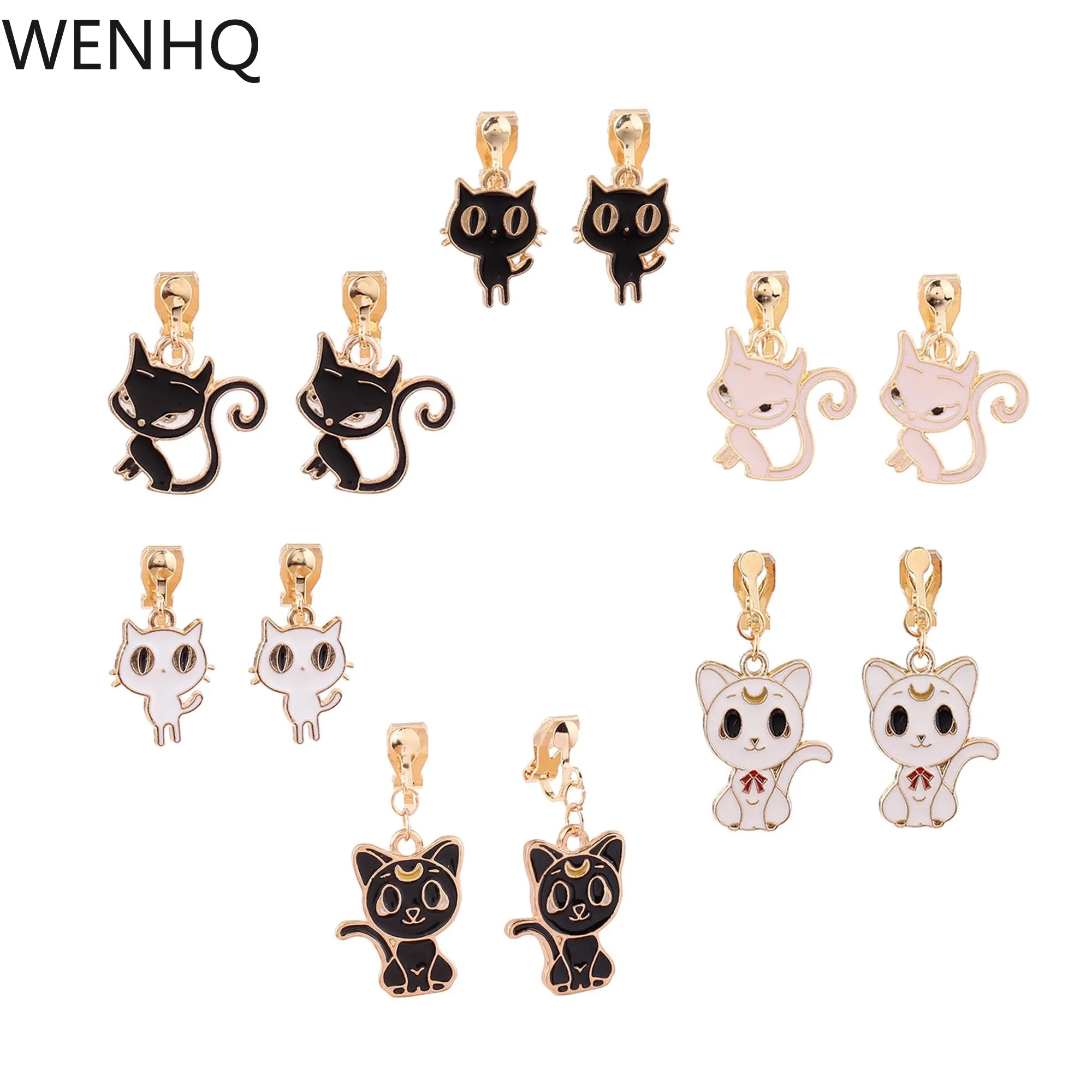 WENHQ New Arrival Cute Cat Fox Clip on Earrings No Pierced Charm Animal Gold Color Enamel Cuff Earrings Fashion Jewelry Ear Clip