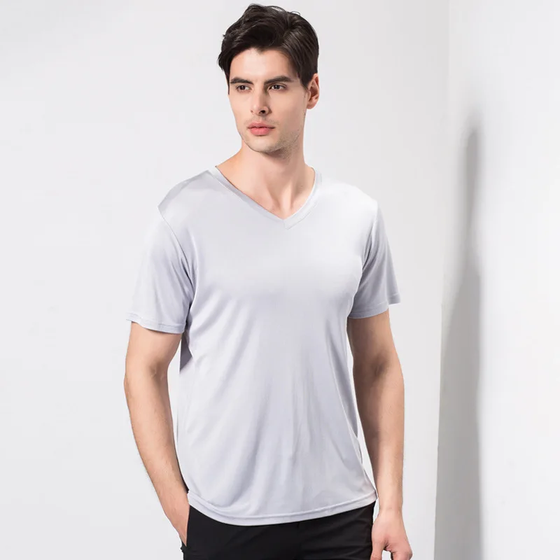 

New 100% Pure Silk Men's Undershirts Male Short Sleeve Shirts Men Casual Tee Shirt Man V-Neck T-shirt Vestidos YKA1009