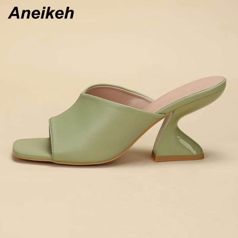 Aneikeh Fashion Solid PU Slip-On Leisure Slipper Strange Heels Square Open Toe Women Mules Outdoor Sandals Size 35-42 Summer New