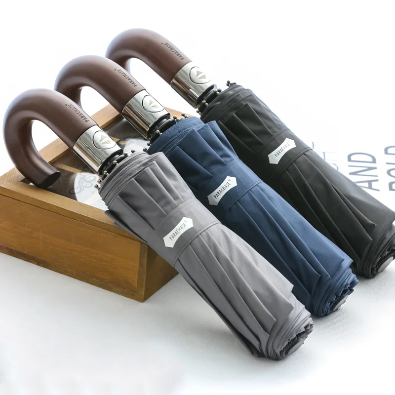 

Wooden Handle Automatic Folding Umbrella Men Women 10K Umbrellas Anti Uv Sun Strong Windproof Rain Black Umbrella Folding Rain