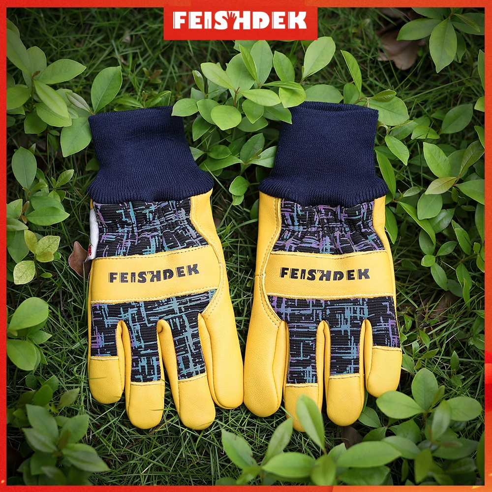 

Kids Genuine Leather Work Gloves Winter Gardening Safety Protection Outdoor with Reflective Knitted Cuff 3M Thinsulate Lining