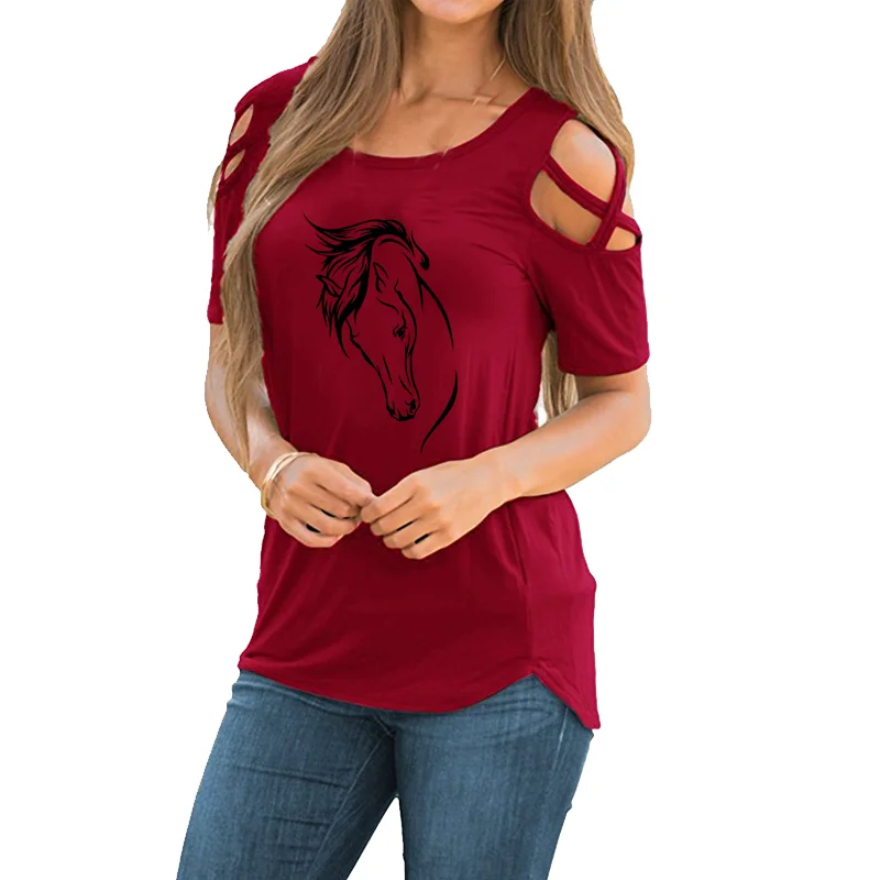 Animal Horse Head Print Women Cotton Casual T-shirt Barber Tees Summer Short Sleeve O-neck Women perforated shoulder Tee Top