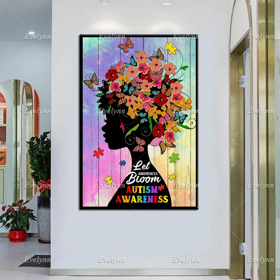 

Autism Awareness Wall Art, Let Awareness Bloom Poster, Black Girl Autism Prints, Afro Girl Canvas, Home Decor Unique Gift