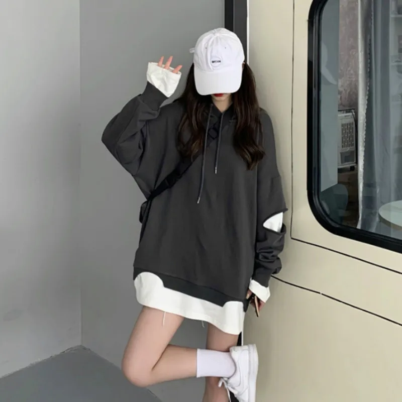 Women with Hat Hoodies Trendy Hollow Out Asymmetrical Sweatshirts Fake 2 Piece Drawstring Pullover Loose Casual Streetwear Chic