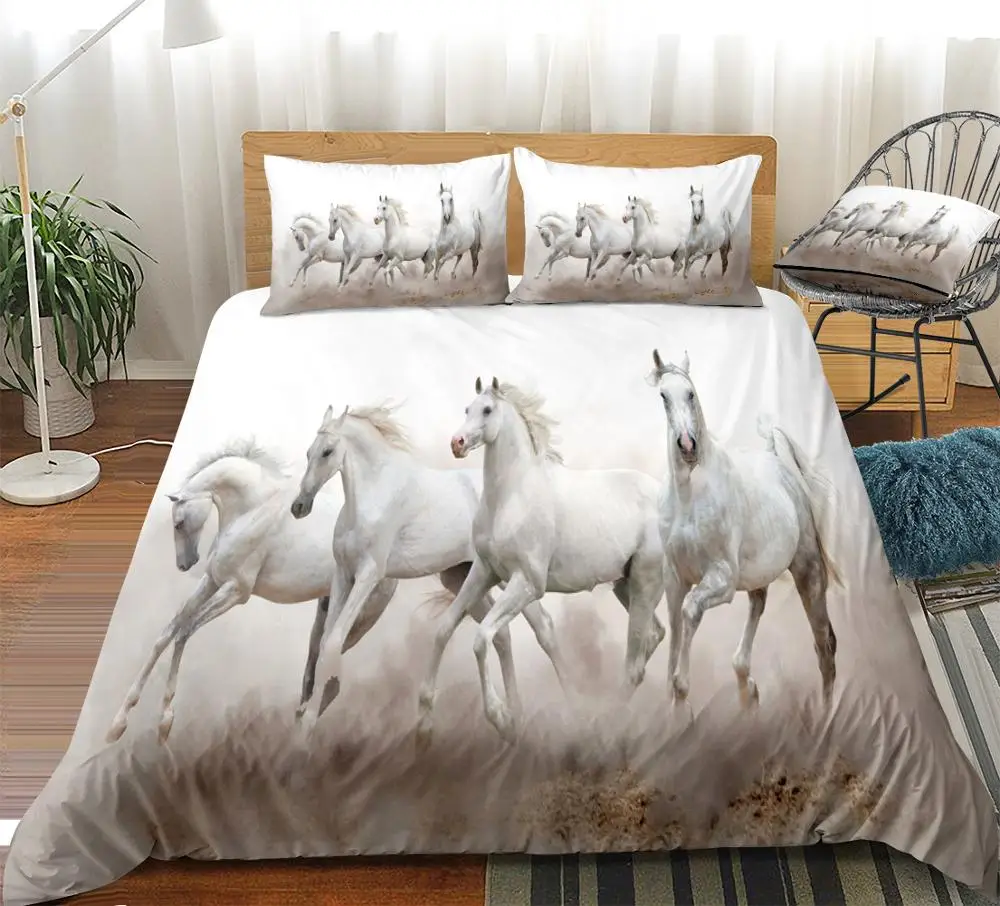 

3D Horse Duvet Cover Set White Horses Bedding Boys Teens Animal Quilt Cover Queen Home Textiles 3pcs Animal Bed Set Dropship