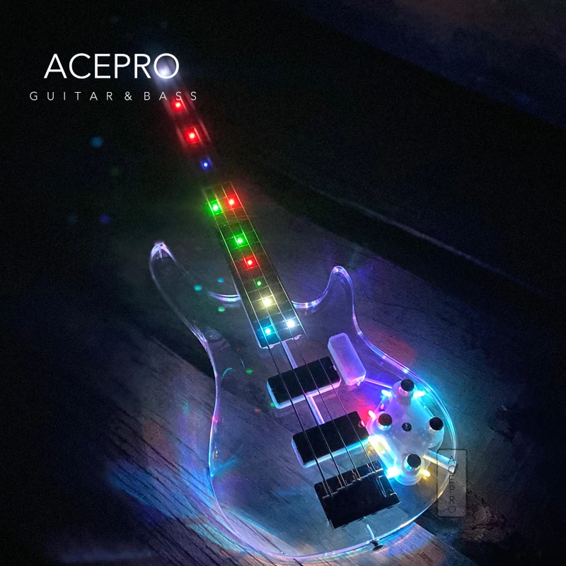 In Stock 4 String LED Light Acrylic Electric Bass Guitar Colorful Color LEDs, Crystal Body Maple Neck High Quality Free Shipping