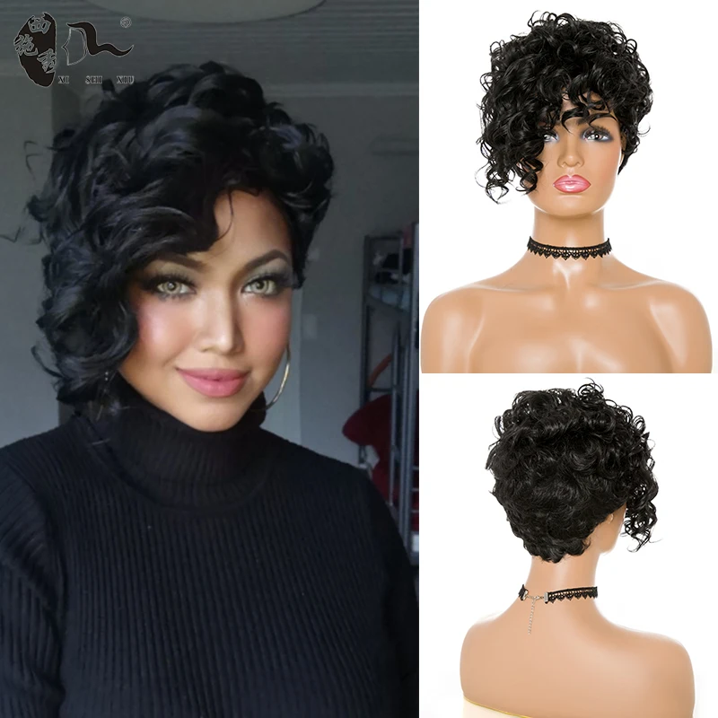 Short Black Bug Afro Natural Wave Curly Synthetic Wigs For Black Wome Layered Hair Side Part High Temperature Fiber Cosplay Wigs