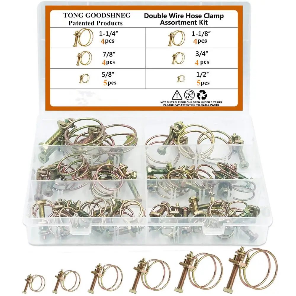 

6 Sizes Adjustable Steel Double Wire Hose Clamps Assortment Kit,1/2" 5/8" 3/4" 7/8" 1-1/8" 1-1/4"Hose Fittings Band Clamps