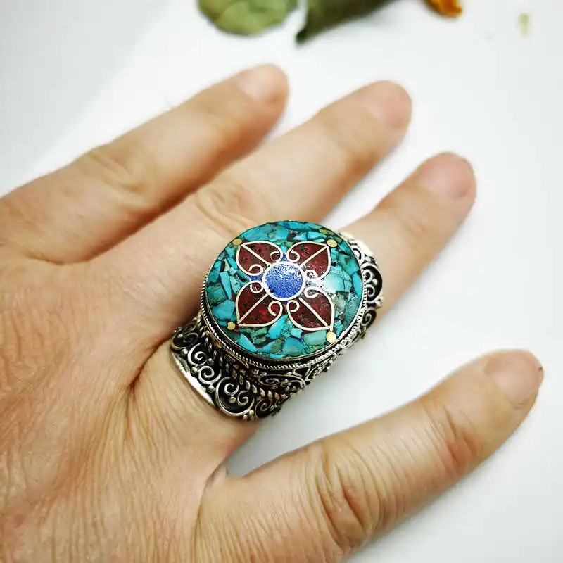 Tibetan Rings Nepal Vintage Big Ring Copper Inlaid Colorful Stone Big Ring for Man Spring New Arrival R008