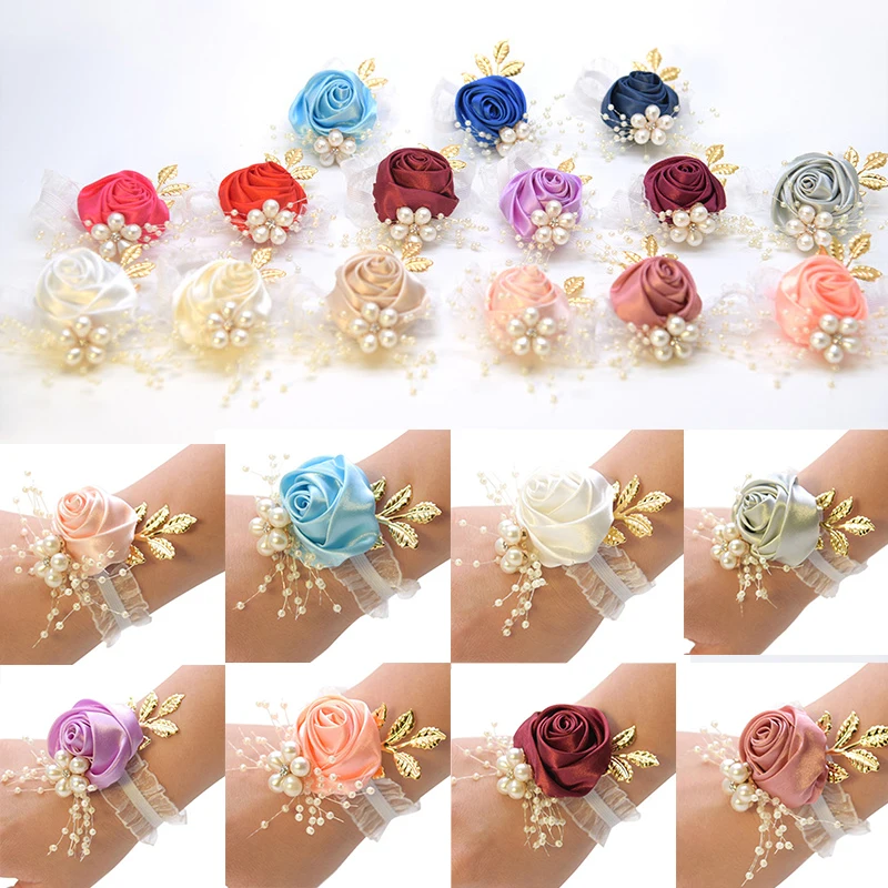 1PC Party Hand Flowers Elegant Pearl Bride Wrist Flower Romantic Wedding Bridesmaids Prom Bracelet Accessorie