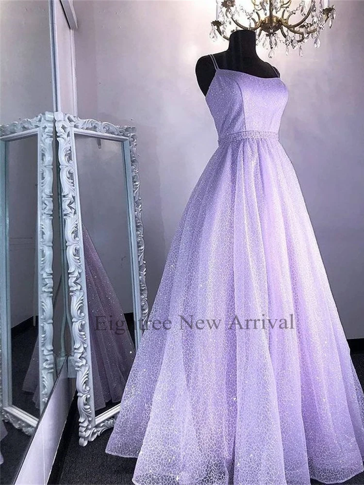 Glitter 2 Designs Lavender A Line Spaghetti Long Evening Prom Dresses Sweetheart Sleeveless Formal Party Gown Graduation Dress