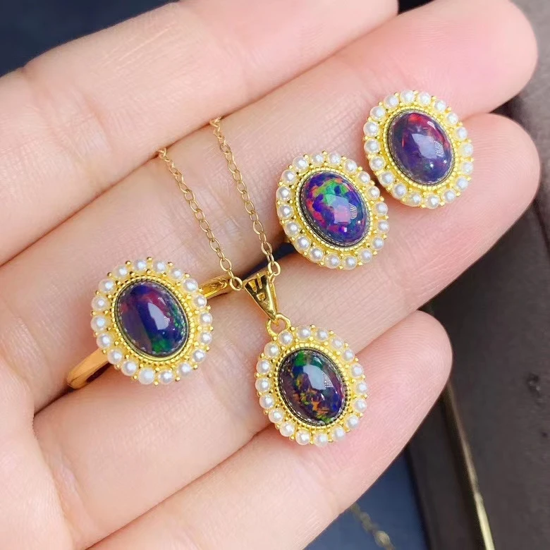 

KJJEAXCMY изысканные ювелирные изделия из стерлингового серебра 925 пробы с инкрустацией из натурального черного опала для новой девушки, классический кулон, кольцо, серьги, комплект, подарок на вечеринку