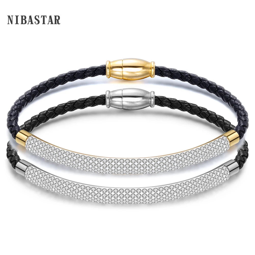 Stainless Steel Magnetic  Clasp Bracelet Fashion  Jewelry Crystal Rhinestone Charm Leather Wrap Bracelets For Women