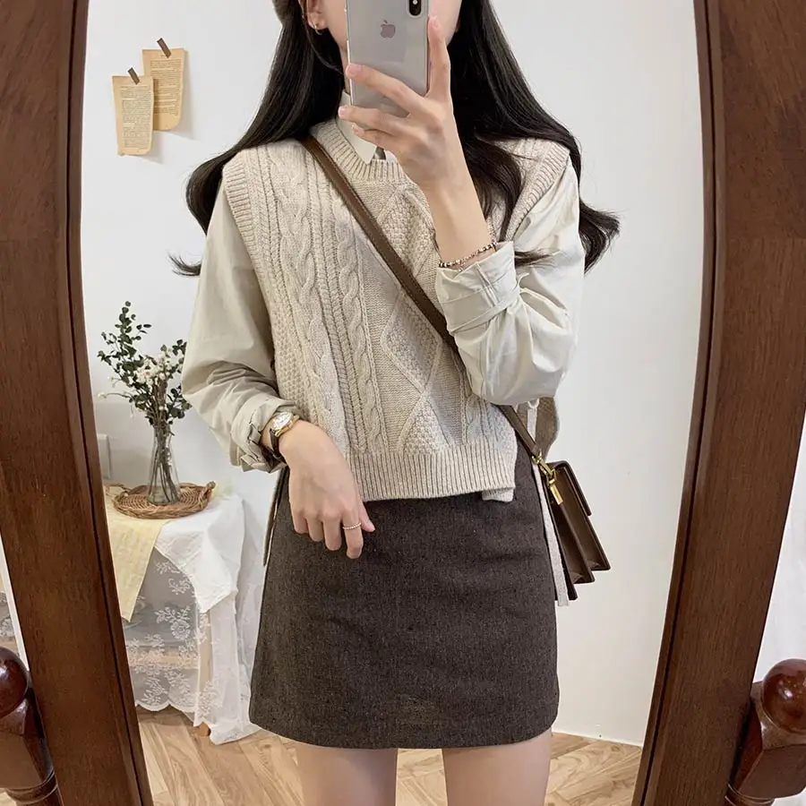 Winter Spring Basic Wear Tops Knitted Sweater Women Fashion Sleeveless Vest Design Brown Knitting Vest Korea Style 9802