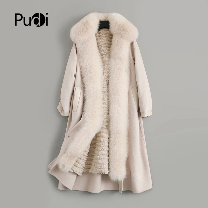 

Pudi Women Wool Blends Real Fur Coat Jacket Rex Rabbit Fur Liner Fox Fur Collar Winter Warm Female Overcoat Trench Parka ZY19127