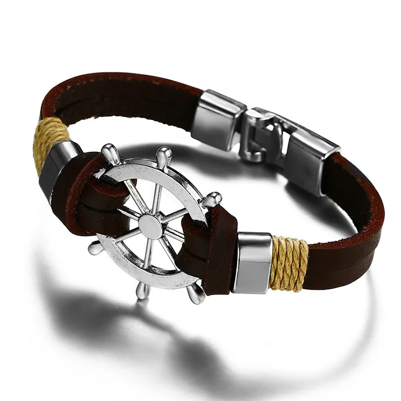 New Vintage Black Brown Alloy Rudder Bracelet Trendy Leather Rope Anchor Ship Rudder Braided Bracelets For Men Fashion Jewelry