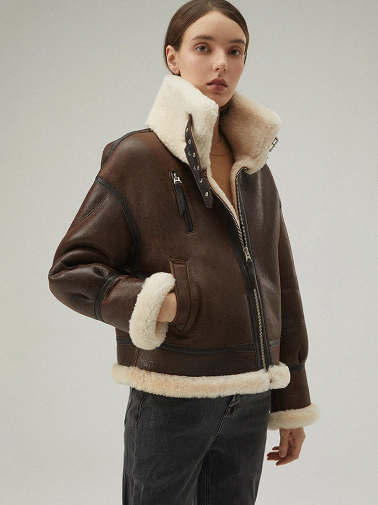 2020 New Shearling Coat Womens Winter Coats Short Fur Jacket Brown Leather Jacket Wool Coat Fashion Motorcycle Jacket