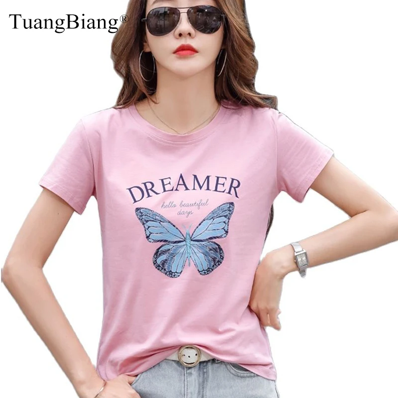 

Butterfly Printing Women Summer Cotton Pink T-Shirt Casual Fashion Loose Short Sleeve Tshirts O-Neck Soft High Quality 2023 Tops