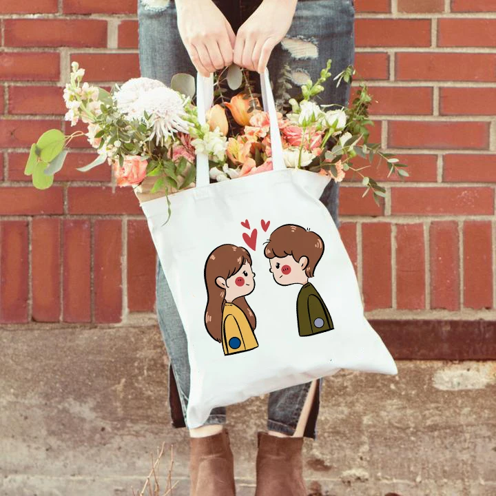 Fashion Women Shoulder Shopping Bag Cartoon Boys and Girls Lover Print Valentine's Day Gift for Girlfriend Wife Canvas Tote Bag