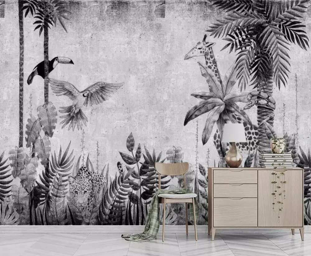 Customized wallpaper mural hand-painted tropical rainforest black and white plant bedroom background 8d wallpaper photo wall