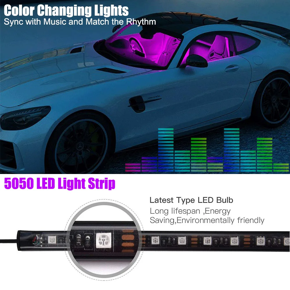 4 Stuks Led Rgb Onder Kast Licht 12V Afstandsbediening Muziek Controle Auto Interieur Lamp Waterdicht Sfeer Flexibele Light Party decor