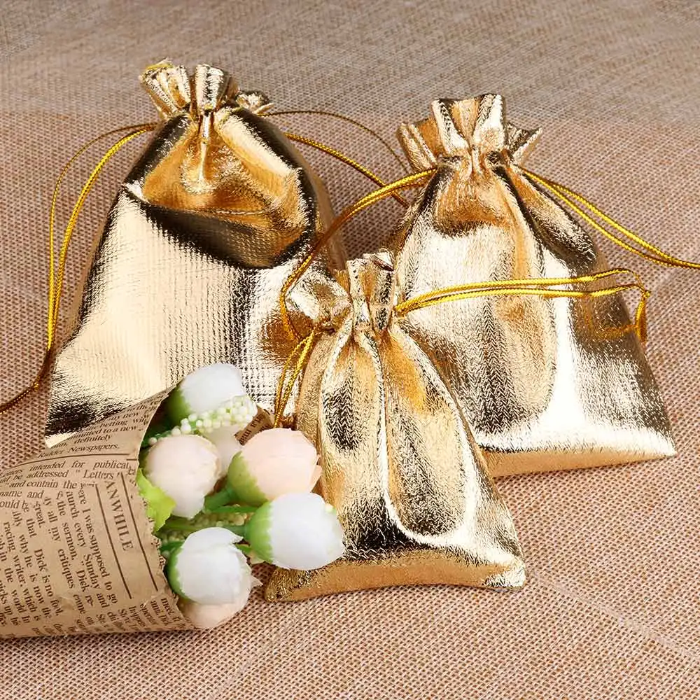 25/50pcs/lot 7x9 9x12 10x15cm Gift Bag Gold Color Foil Jewelry Bag Drawstring Pouches Christmas Party Wedding Gift Candy Bags