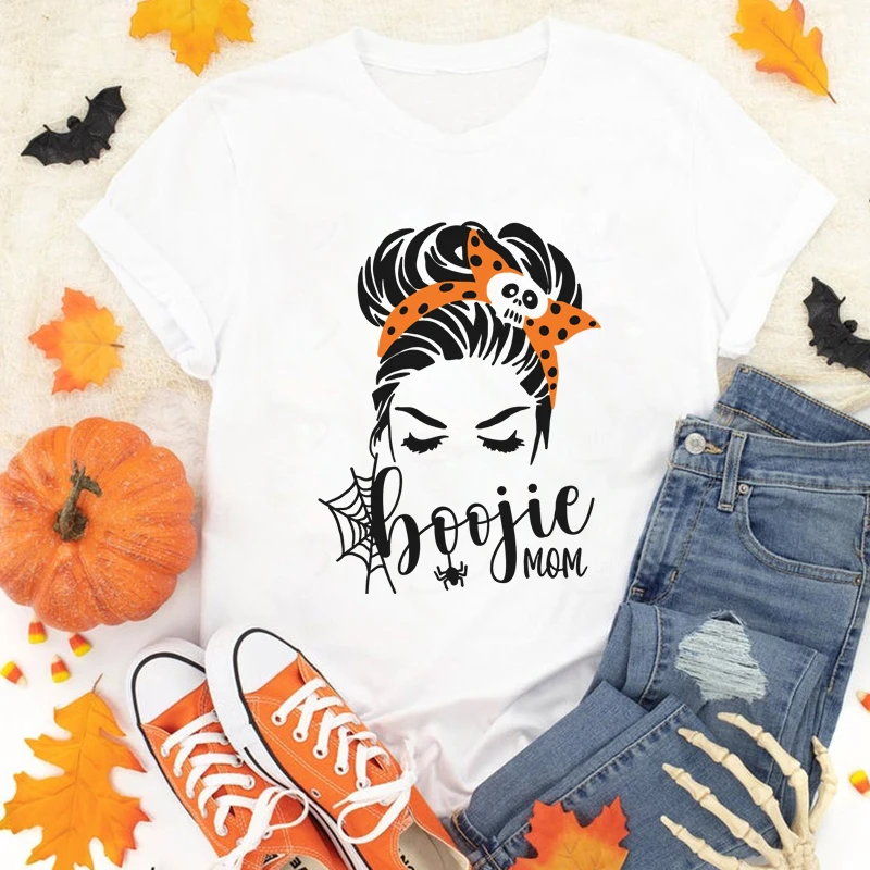 Boojie Mom Colored Print T-shirt Aesthetic Spooky Mama Graphic Tee Shirt Top Funny Women Halloween Party Fall Tshirt