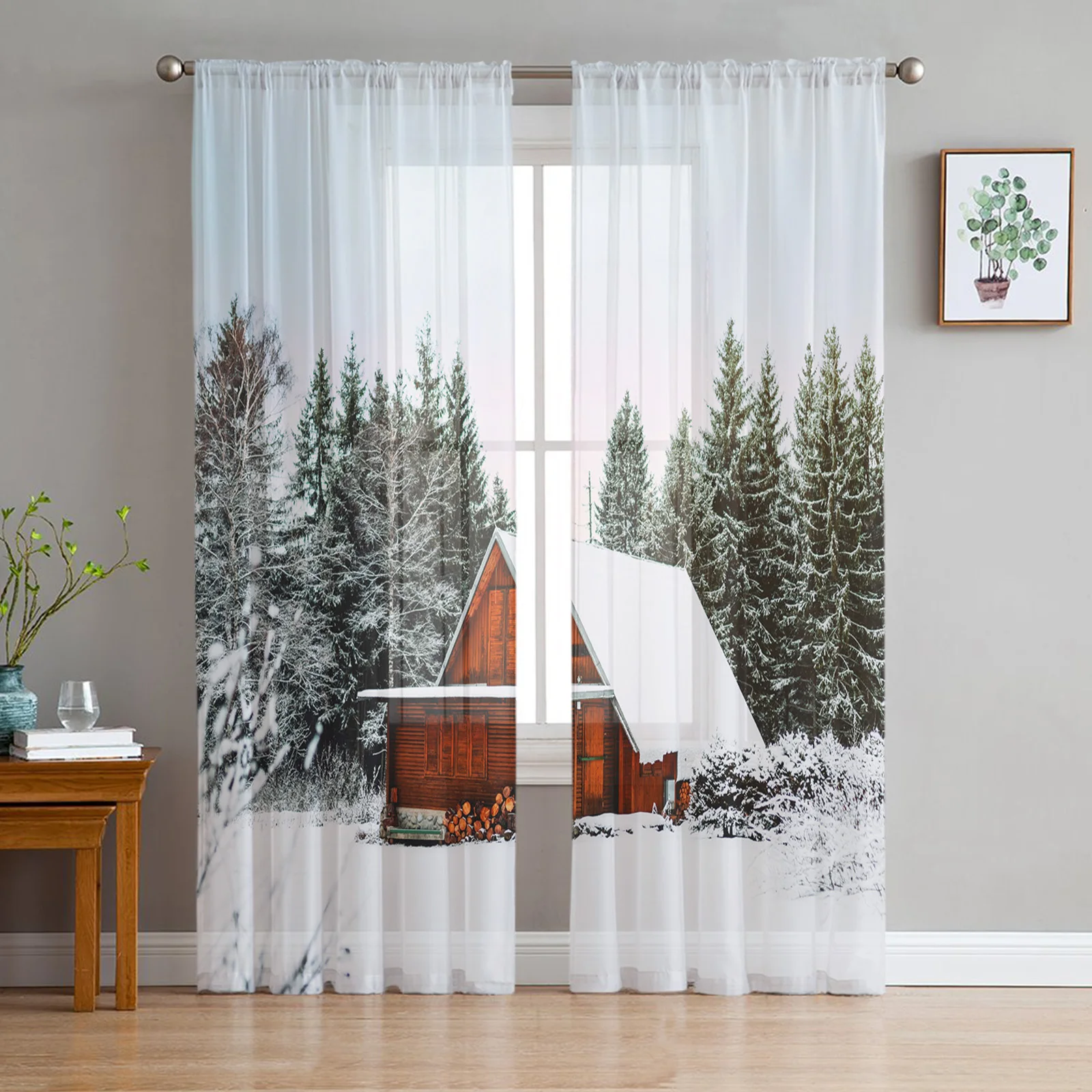 Winter Cabin Scenery Sheer Curtains for Living Room Bedroom Kitchen Tulle for Windows Voile Drapes Home Decoration