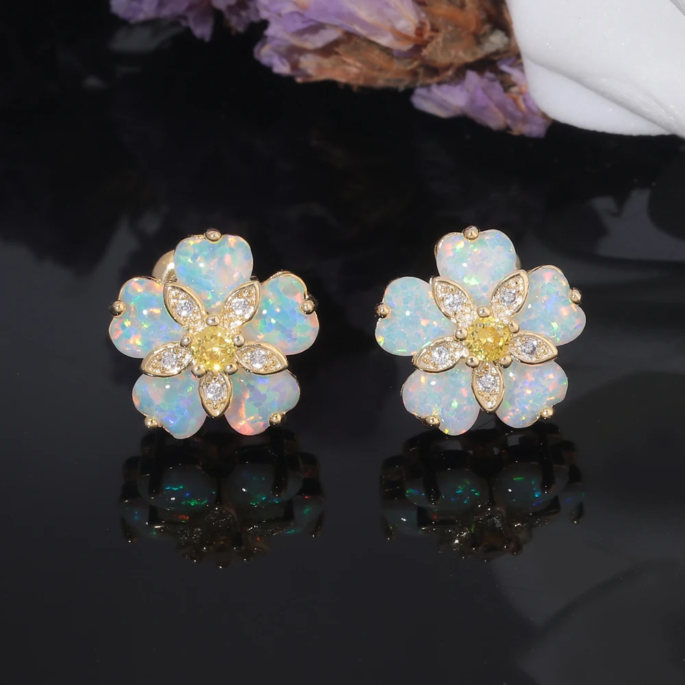 CiNily White & Blue & Green Fire Opal Stone Stud Earrings Silver Plated Flower Flora Cherry Blossom Spring Bohemia Boho Jewelry