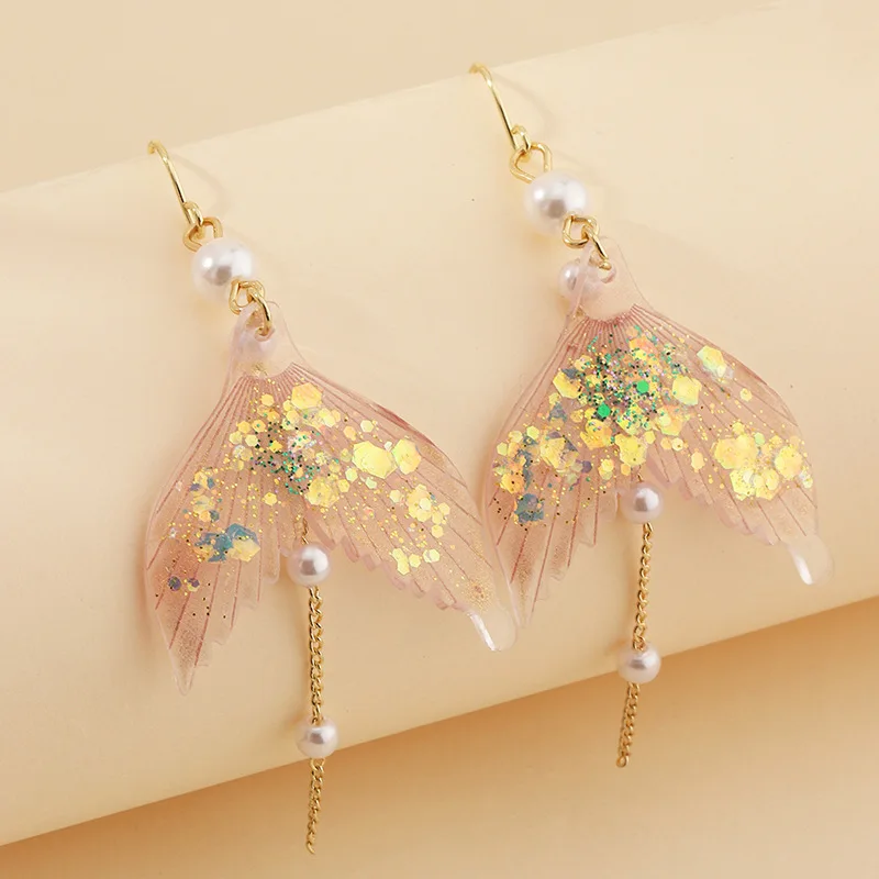 Fairy Fantasy Mermaid Fishtail Earrings for Women Shiny Luxury Accessories Fashion Dangle Hoop Pearl Earrings pendientes mujer