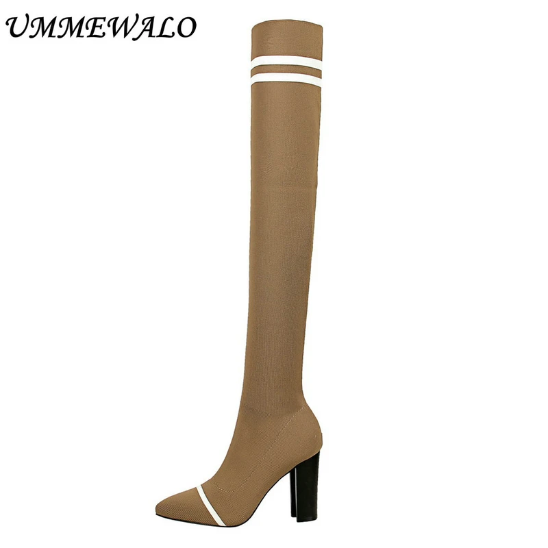 

Pointed Toe Slim Sexy Thigh High Boots Women Fashion High Heel Elastic Winter Knitting Boots Ladies Shoes