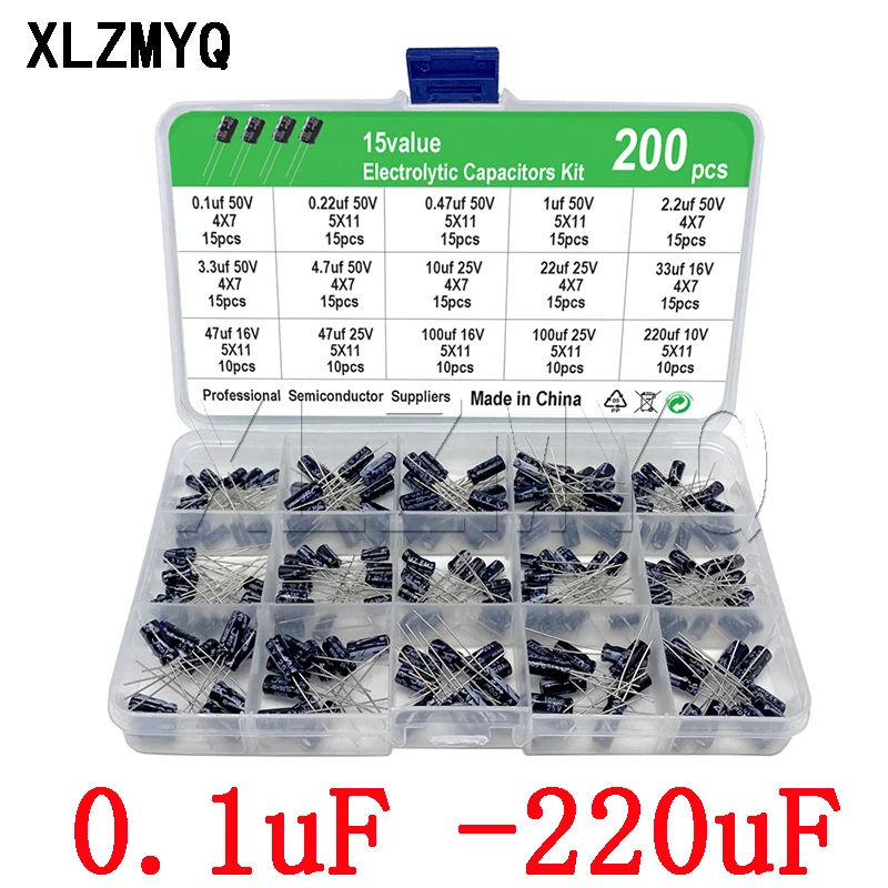 200pcs Electrolytic Capacitor Organization Storage 0.1-220uF Capacitors Assortment Box Kit 0.47uf 1uf 2.2uf 22uf 47uf 100uf