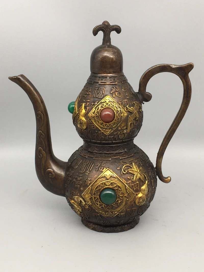Antique QingDynasty Handmade Gilt copper with gems teapot ,Hand-carved crafts,best collection& adornment