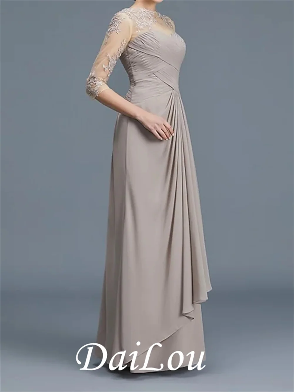 A-Line Mother of the Bride Dress Elegant Illusion Neck Floor Length Chiffon With Lace Appliques Ruching 2021