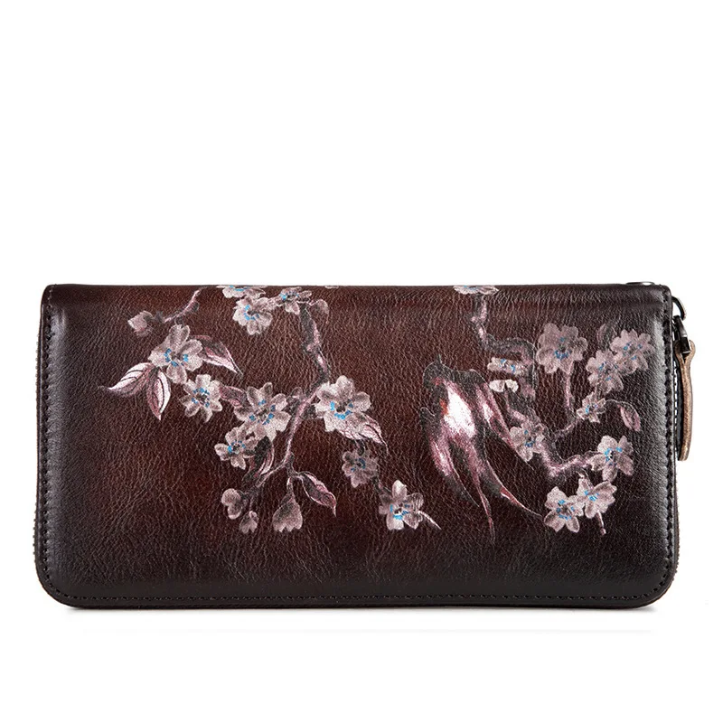 

Genuine leather animal birds print women long purse wrist wallet