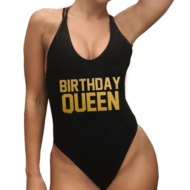 

Sexy High Cut Swimsuit Women Birthday Queen gold Print Swimwear One Piece Push Up Monokini Bathing Suit Girls Bodysuit Beachwear