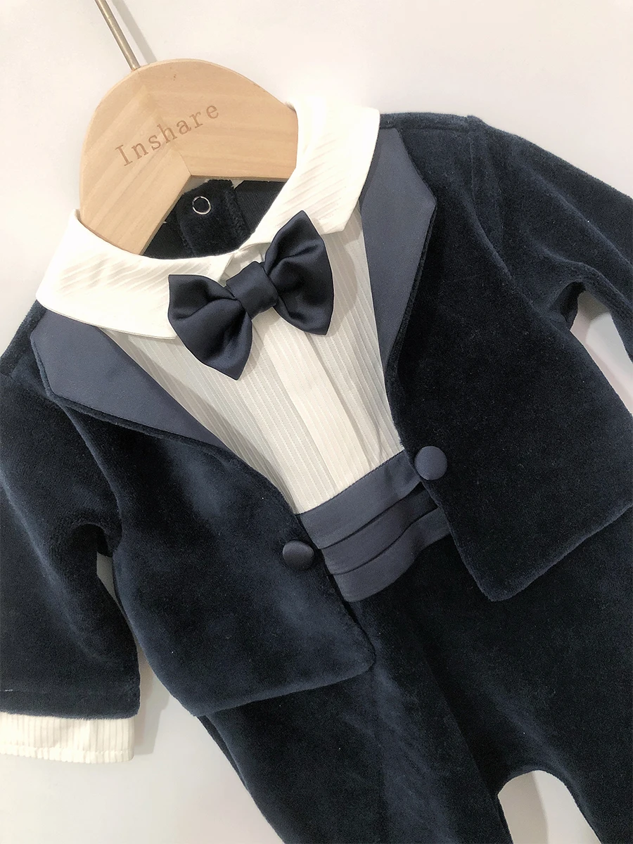 Autumn Winter Children Boutique Clothing Baby Boy Rompers Long Sleeve Velvet Jumpsuit Gentle Boy Birthday Prince Suit Handsome