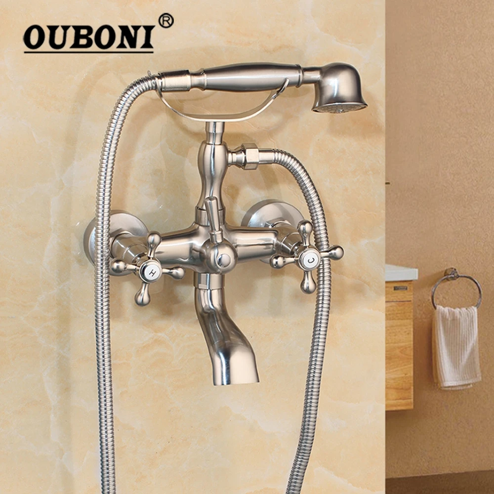 

OUBONI ORB Antique Brass Wall Mounted Bathroom Bathtub Shower Faucet Set 2 Handles Rainfall Hand Shower Brush Nickel Matte Black