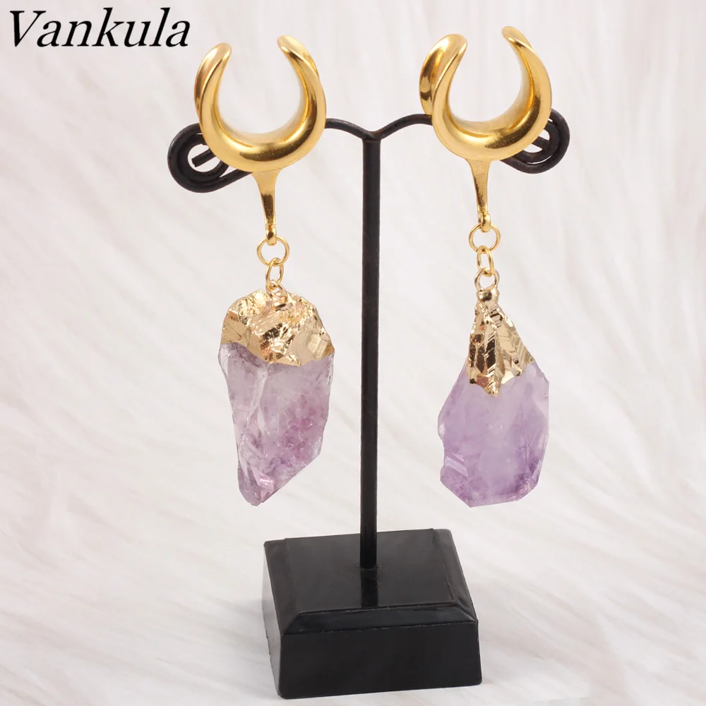 Vankula 2PCS Stainless Steel Natural Stone Drop Ear Plugs Tunnels Plug Ear Gauges Stretching Ear Weight Body Piercing Jewelry