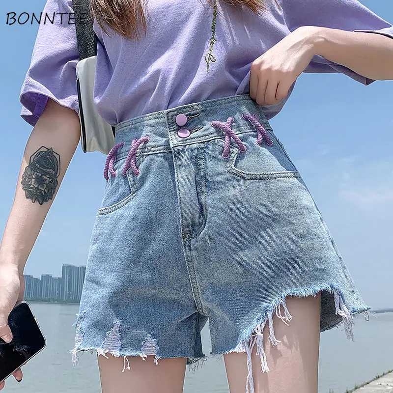 

Shorts Women Ripped Hole Vintage Denim Summer Loose Fashion A-line Korean Style Casual Cross Bandage Preppy Girls All-match Chic