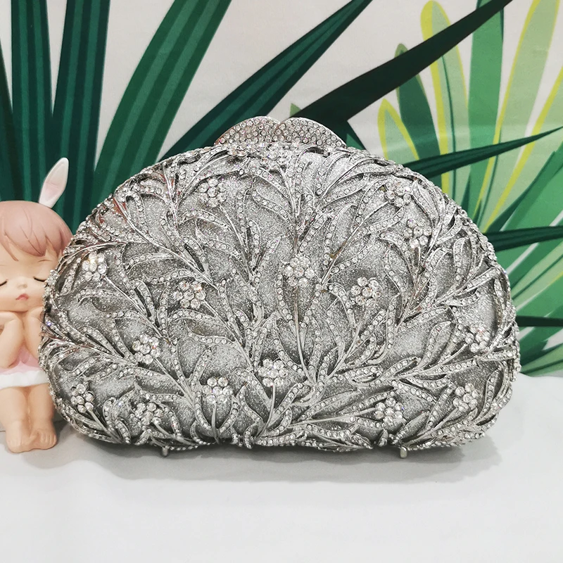 Silver Diamond Clutches Ladies Evening Clutch Bag Luxury Designer Women’s Crystal Aquatic Plants Pattern Wedding Bridal Purses
