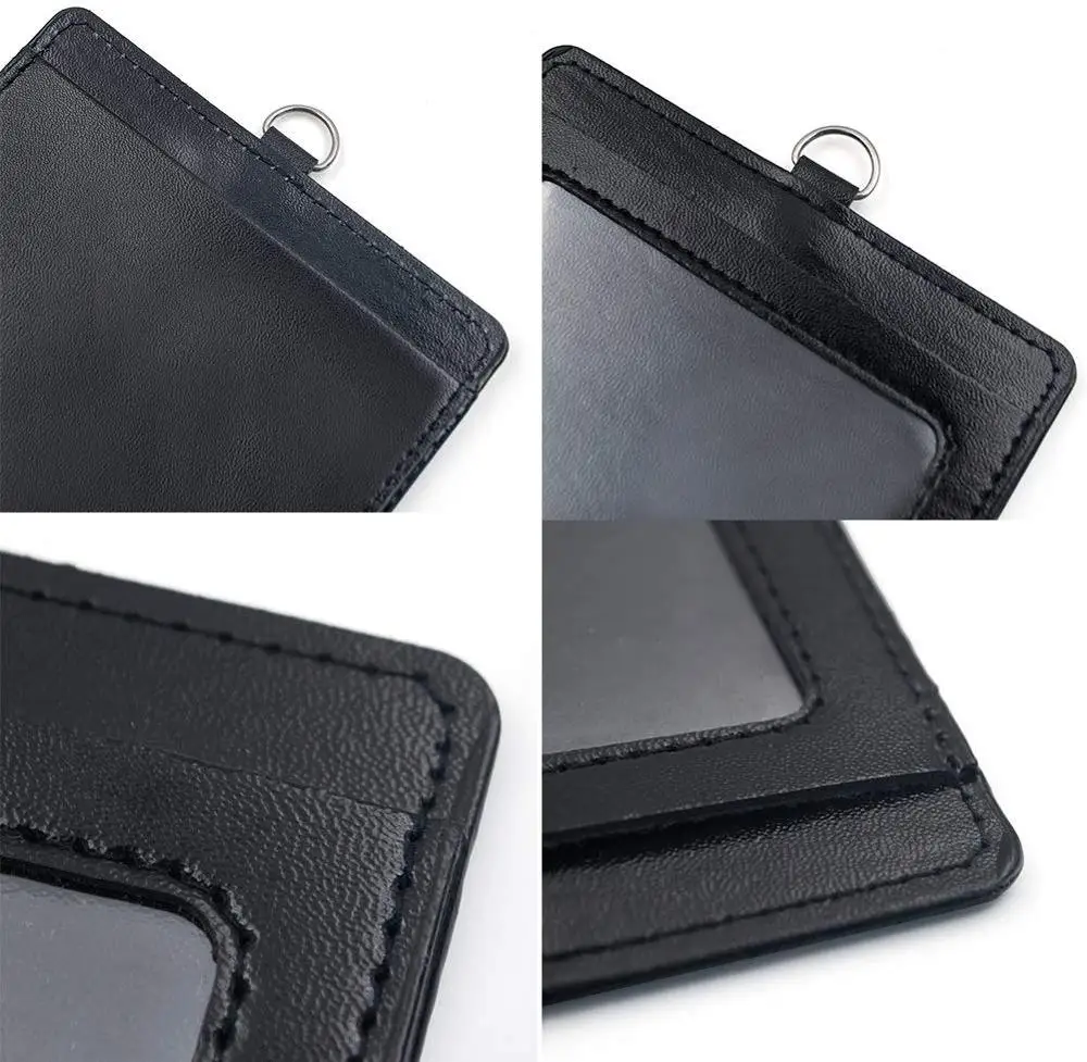 Heavy Duty Badge Holder Leather ID Card Holder With Clear ID Window Wallet Case 2-Sided Horizontal Business Name Card Organizer