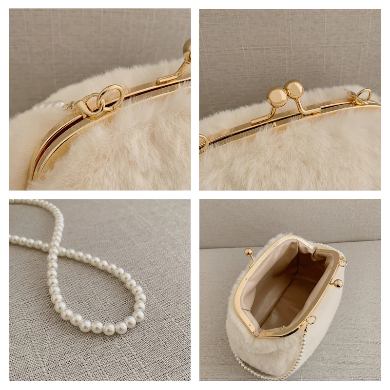 Soft Fluffy Bags Plush Frame Bags For Women 2021 Pearl Furry Shoulder Bags Solid Fur Luxury Designer Handbag Korean Clutch Bag