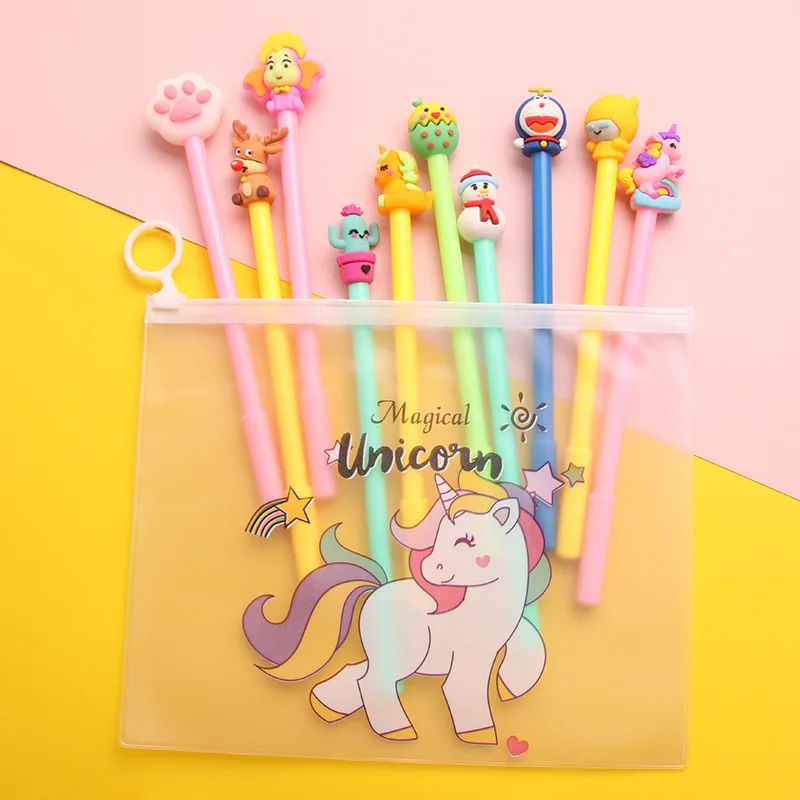 

10pcs Cute Cartoon Gel Pens Magical Unicorn Bag Set Black Color Ink Ballpoint 0.5mm Pen for Writing Gift Office School A6911